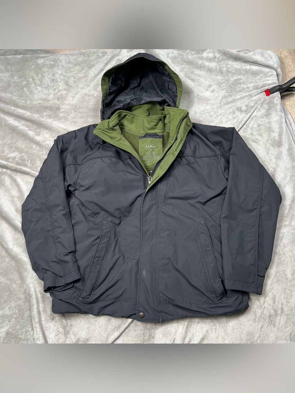 LL Bean 3 in 1 Parka Jacket Mens M Gray/Green Full Zip Fleece Liner Hiking OJPD5